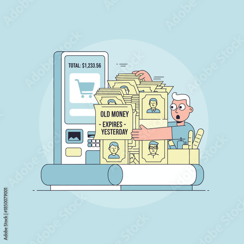 Expired old money causes shock for man paying at the supermarket register.