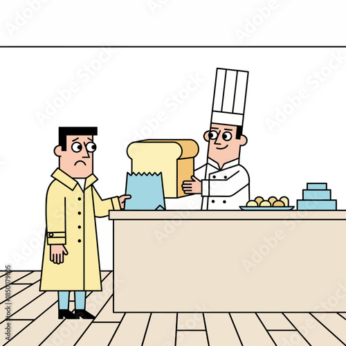 Bakery chef sells huge loaf of bread to a skeptical customer.