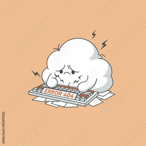 Stressed Cloud Mascot Sitting on Keyboard with 404 Error