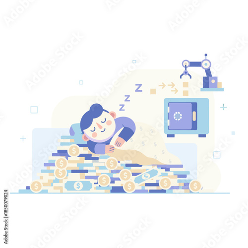 Sleeping on Money Pile with Automated Robotic Arm Finance