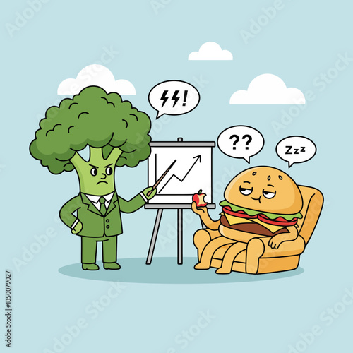 Broccoli coach gives business presentation to lazy sleeping hamburger.