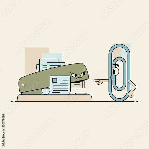 Stapler and paperclip having an angry argument over office papers