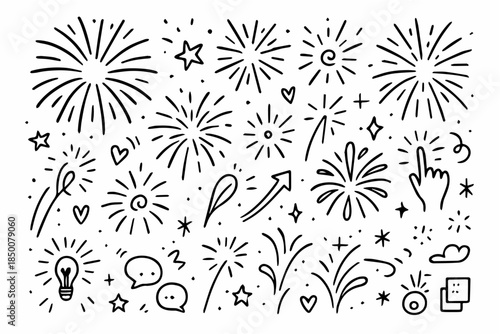 Hand-drawn doodle vector set of fireworks, created in a fun, sketchy ink-pen style, isolated on white background
