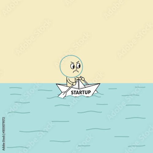Determined entrepreneur rowing fragile STARTUP paper boat on the water.