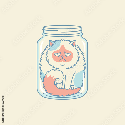 Grumpy Fluffy Cat Trapped Inside a Glass Jar Line Art Illustration