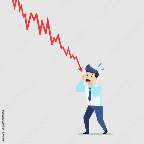 Frightened businessman watching a dramatic falling graph