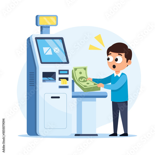 Man withdrawing a large stack of cash from an ATM kiosk.