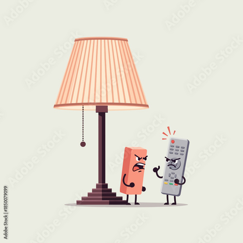 Cartoon battery and remote control arguing fiercely next to a lamp