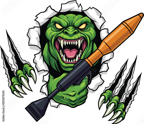 Aggressive Green Monster with Rocket Launcher Ripping Paper creature evil