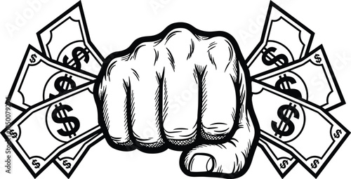 Black and white drawing of a fist holding a fan of dollar bills money cash