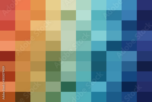 Vibrant pixel gradient abstract background, mosaic pattern showcasing a smooth color transition from warm fiery hues to cool tranquil blues.