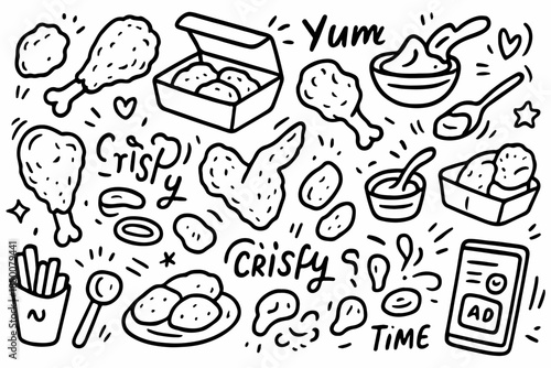 Hand-drawn doodle vector set of fried chicken nuggets and sauces, illustrated in a fun doodle style, isolated on white background
