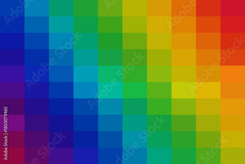 Vibrant rainbow color spectrum gradually fading across a mosaic of square pixels, creating a stunning abstract background texture and pattern.