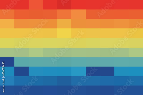 Pixelated gradient background featuring vibrant horizontal blocks transitioning from warm reds and oranges to cool blues, abstract digital art