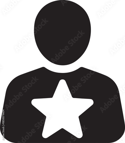 Filled user bust with large star overlay, bold customer review icon, vector for ratings design.