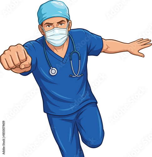 Cartoon superhero doctor in blue scrubs and mask flying forward with fist extended surgeon medical