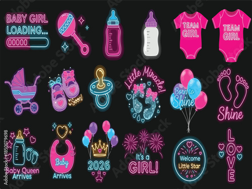 Neon Glowing Baby Girl Shower and Gender Reveal Vector Graphics Collection isolated PNG with Transparent Background