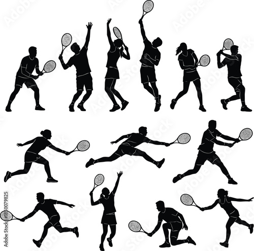 Dynamic Tennis Player Silhouettes in Action on White Background Keywords: tennis, players, silhouettes, male, female, sport, action