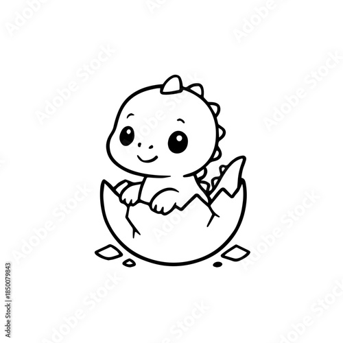 Small dinosaur hatchling sitting inside its broken egg black and white clip art