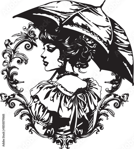 victorian lady with umbrella tattoo design, vector illustration, white background, monochrome, no color, clip art for t-shirt print