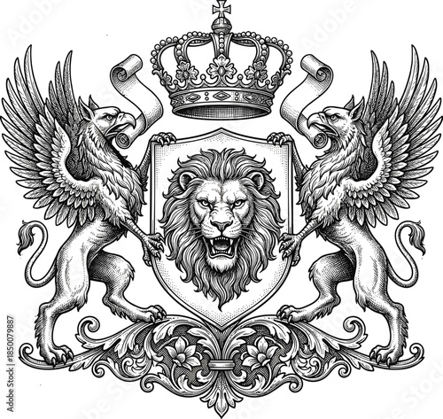 Fierce Black and White Coat of Arms with Roaring Lion and Griffins Under Crown crest heraldry