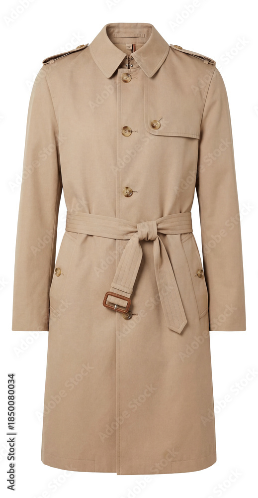 Naklejka premium Single-breasted trench coat featuring a belted waist and storm flap.