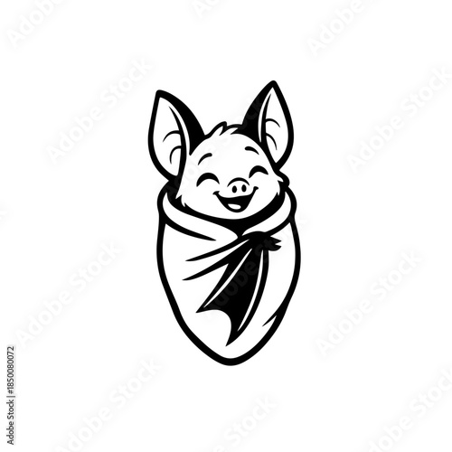 Smiling bat wrapped in a blanket like a burrito black and white clip art
