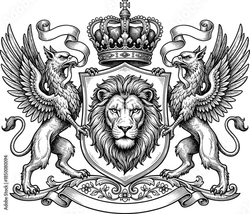 Ornate Black and White Coat of Arms with Lion and Griffins Under a Crown crest heraldry