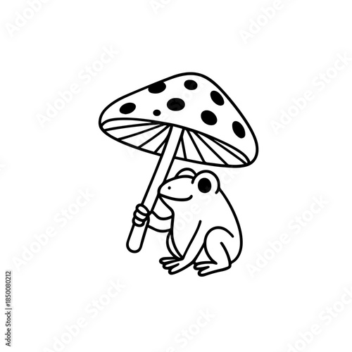 Tiny frog holding an umbrella made from a mushroom black and white clip art