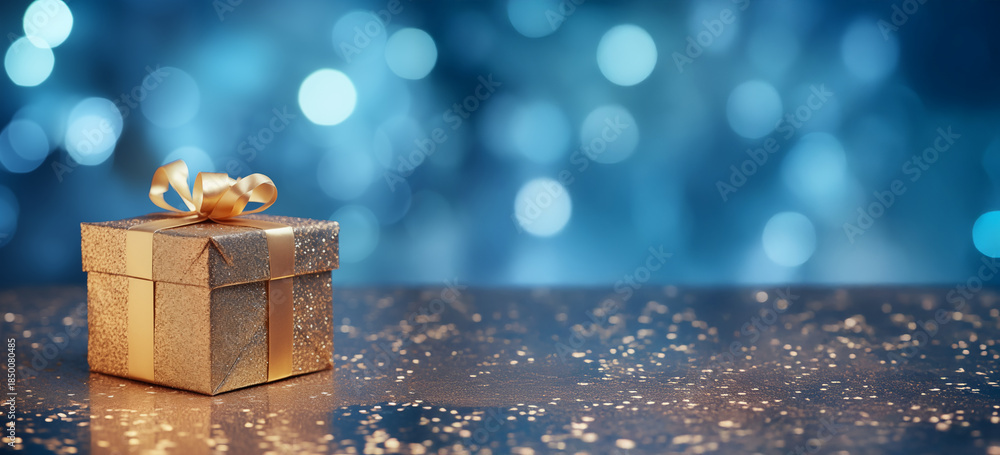 Naklejka premium Coffret cadeau doré avec ruban et nœud posé sur surface scintillante, fond bleu bokeh lumineux avec espace négatif copyspace pour noël, fêtes de fin d’année, anniversaire et cadeau d’entreprise
