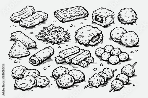Hand Drawn Indonesian Fried Street Snacks Vector Illustration Set