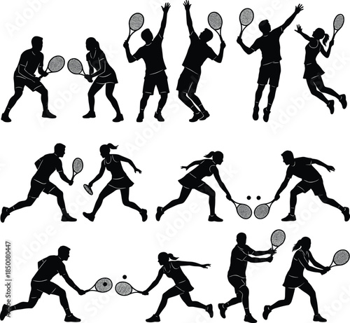 Tennis Players Silhouettes with Rackets and Balls on White Background Keywords: tennis, players, silhouettes, male, female, sport