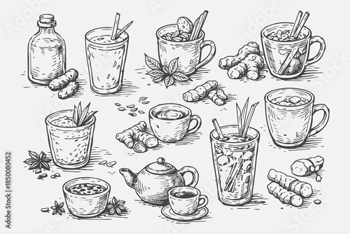 Hand Drawn Traditional Herbal Drink Cups Vector Sketch Set