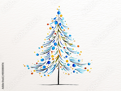 Sapin de noël stylisé bleu et or peint à l’aquarelle sur papier blanc texturé avec décor de boules colorées, arbre festif raffiné pour noël, fêtes de fin d’année et atmosphère hivernale élégante
