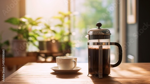 French press coffee on a wooden table near a window with a cup and natural daylight in a home interior.