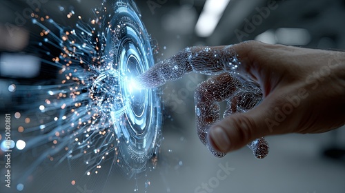 Hand Touching Futuristic Digital Interface with Glowing Elements