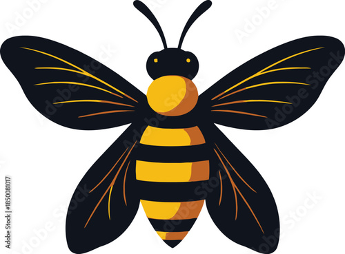 Vector art of a stylized bee with black wings and yellow stripes is depicted, isolated on white background
