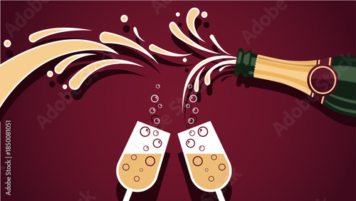 Champagne bottle popping and splashing into two glasses on a red background