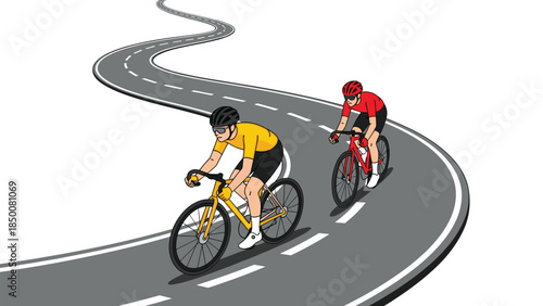 Two cyclists are racing along a winding road, demonstrating speed and competition in a dynamic outdoor scene.