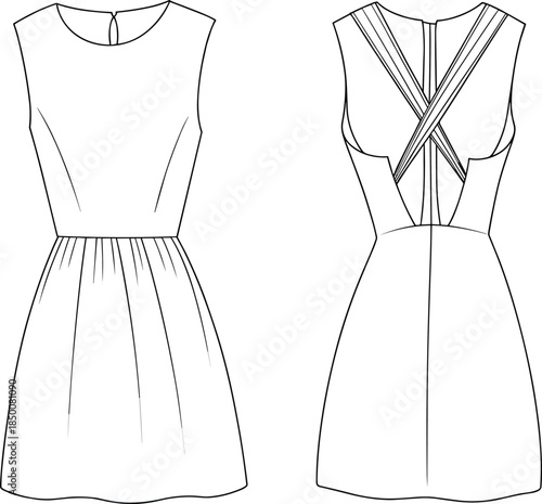 cad drawing flat vector illustration, sleeveless short dress design with round neckline, gathered waist, back crossover straps, modern fashion sketch, technical garment drawing