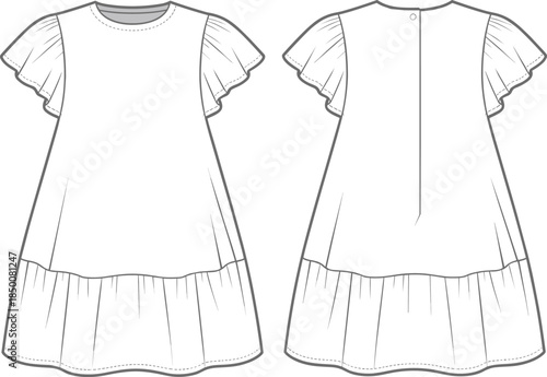 cad drawing flat vector illustration, short sleeve ruffle mini dress with gathered hem detail, back button closure, and flared A-line silhouette design.