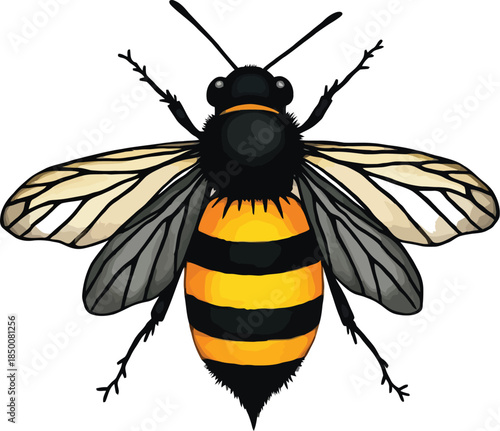 Vector art of a detailed illustration of a bee flying, isolated on white background