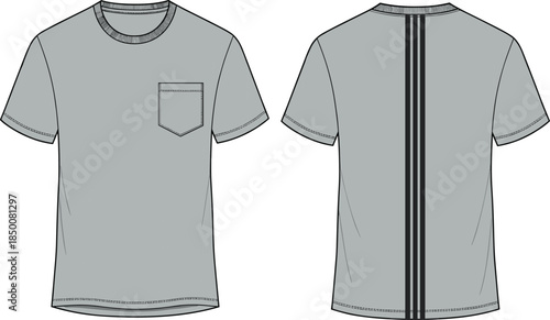 cad drawing flat vector illustration, short sleeve t-shirt front back view, fashion design technical sketch with chest pocket detail