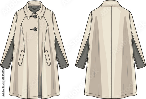 A-line coat vector illustration, fashion design sketch, front and back views, toggle and button closure, welt pockets, contrast sleeve lining