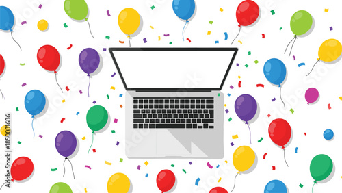 Celebratory laptop illustration with colorful balloons and confetti creates a festive atmosphere for online achievements and digital milestones.