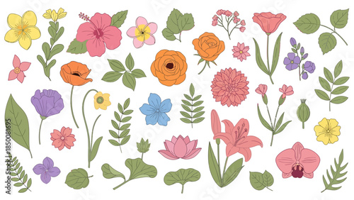 Watercolor floral elements: colorful flowers, leaves and buds for invitations, design projects, scrapbooking and branding