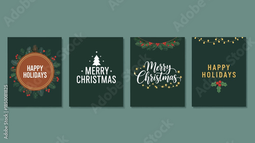 Set of four festive Christmas greeting cards with modern typography and snowflake accents for the holiday season
