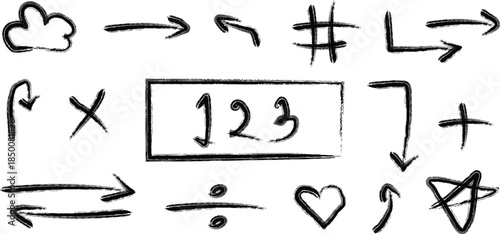 Hand drawn symbols and arrows on white background