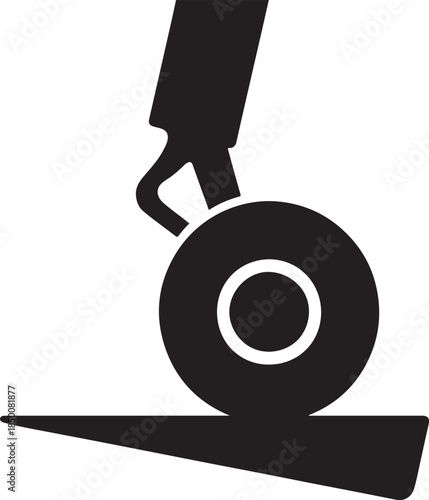 Heavy aircraft wheel touching runway shadow, arrival moment icon, vector for aviation design.