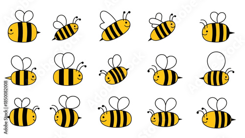 Colorful cute cartoon bees in a seamless repeating pattern on white background, ideal for kids' products, textiles, and educational design.